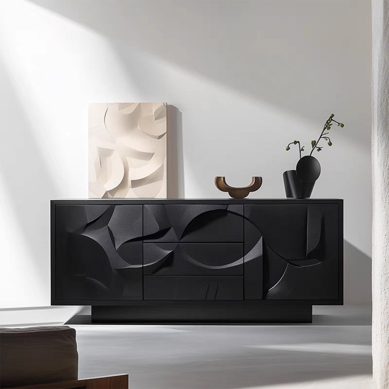 Buffet noir en bois massif à plusieurs couches avec motif en relief, armoire de rangement pour hall d'entrée de luxe rétro
