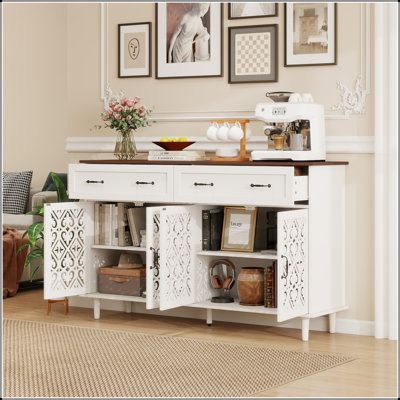 Vintage Sideboard with Hand-Carved Geometric Doors and 2 Drawers