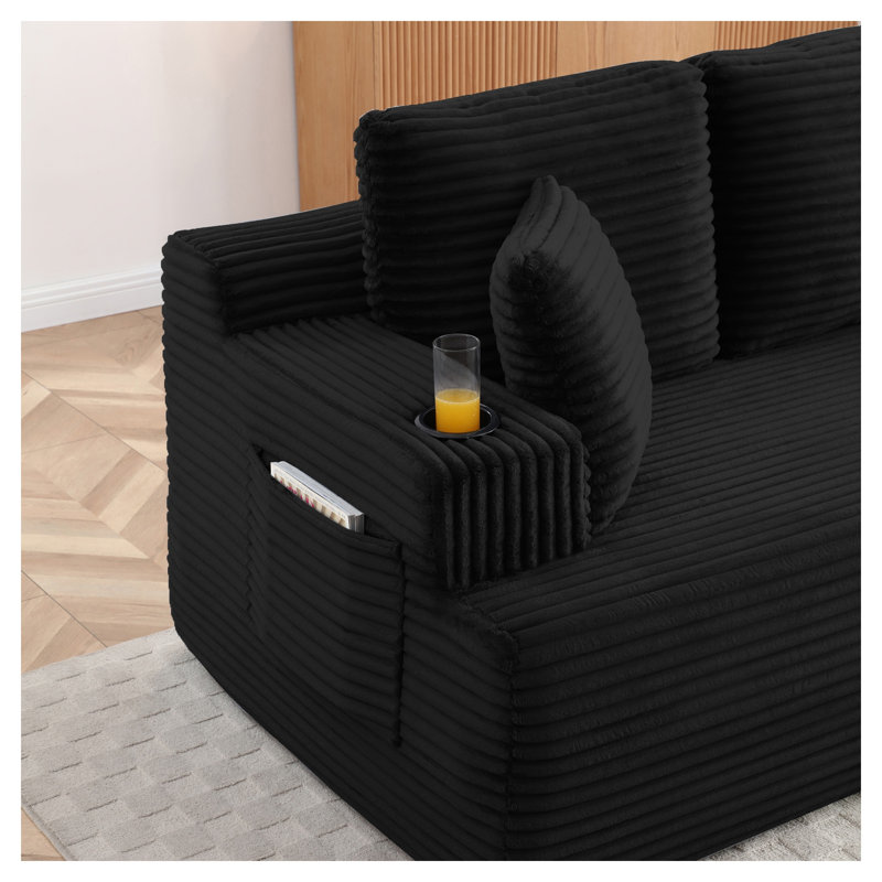Canapé de sol moderne 2 places en velours côtelé noir avec porte-gobelet et poches latérales