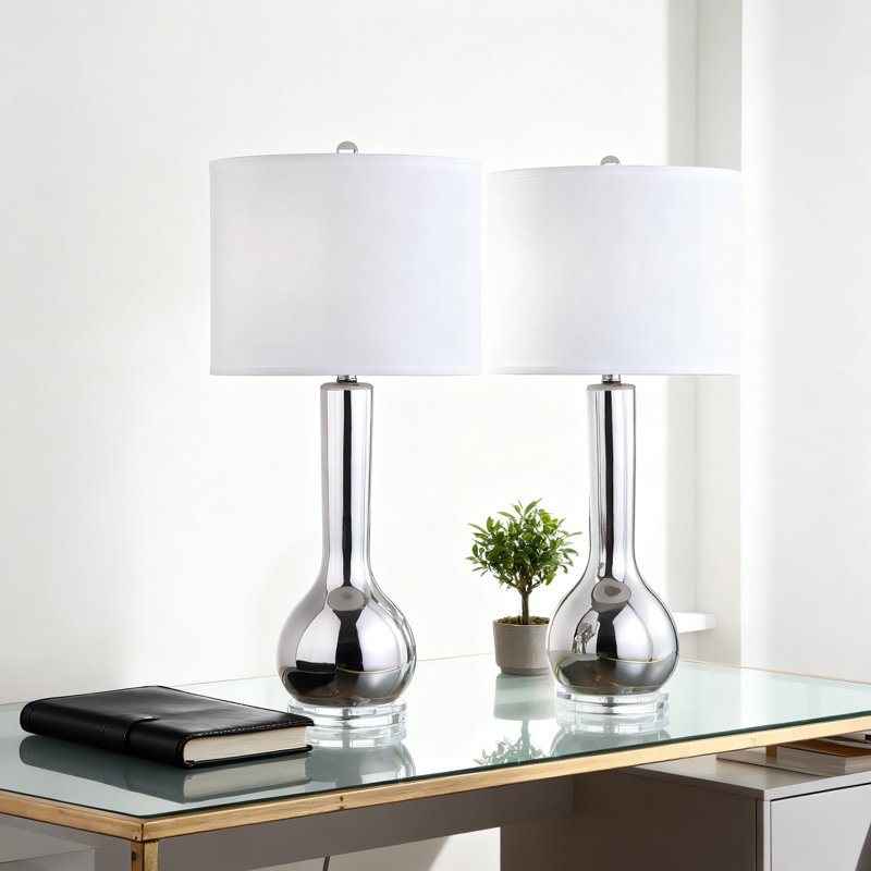 Modern Ceramic Table Lamp Set Of 2 With LED Bulbs, Long Neck Design For Bedroom, Living Room, Home Office Nightstand Lighting