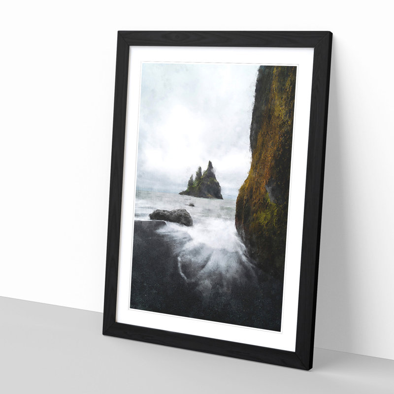 Ocean View from Black Sand Beach Iceland - Picture Frame Painting Print, 33cm H x 24cm W x 2cm D, Black Framed
