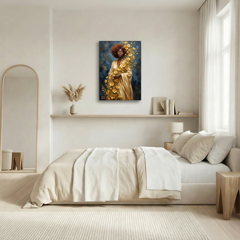 Fleurs dorées et femme élégante, reproduction d'art sur toile tendue, H 30 po x l 20 po