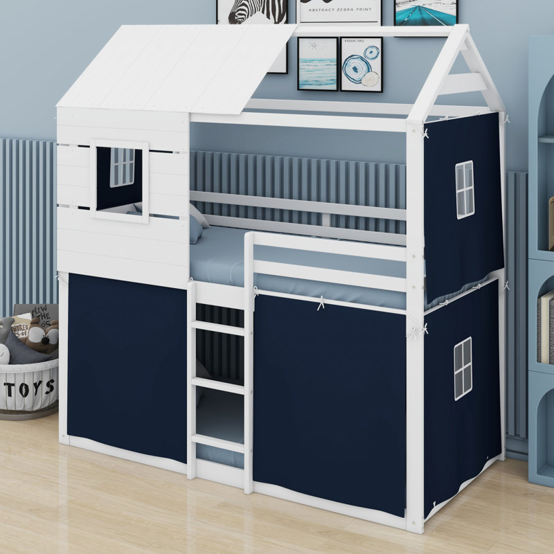Solid Wood Floor Bunk Beds With Ladder,Guardrails,Tent And Window, Twin over Twin, Blue/White