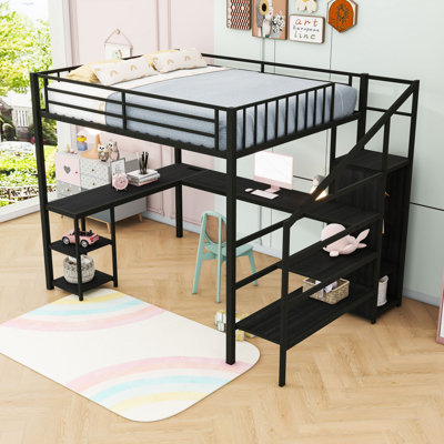 Metal Loft Bed With Wardrobe, LED Light And Desk