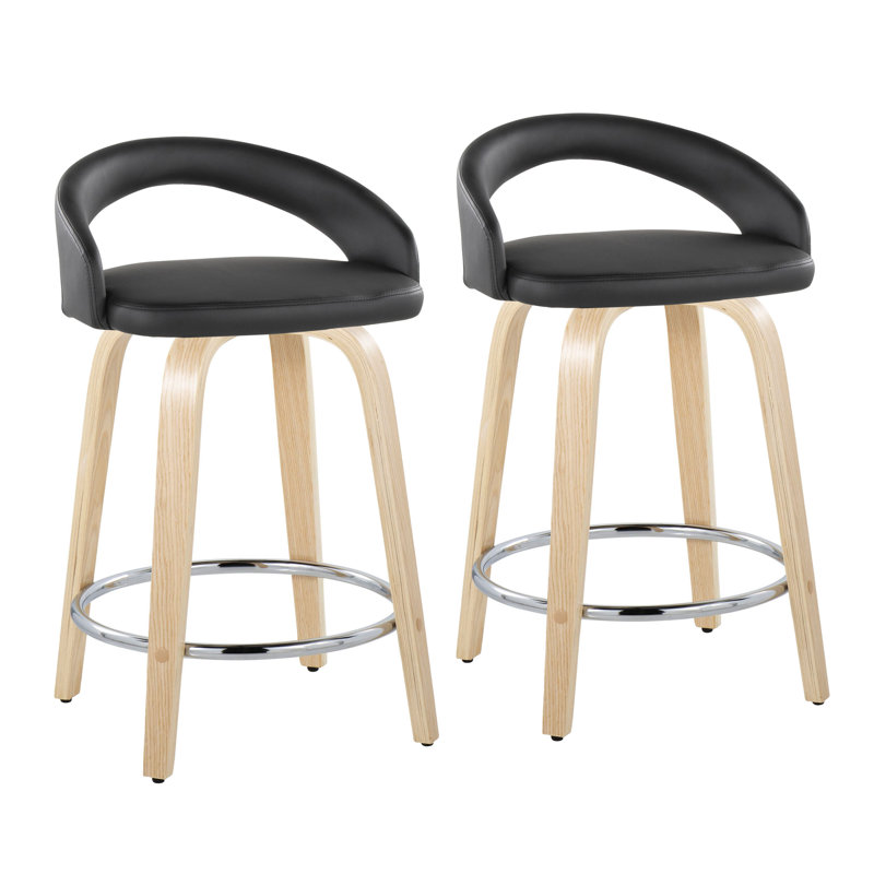 Liesl Upholstered 24" Fixed-Height Counter Stool With Bent Wood Legs - Set Of 2, Black, Natural/Chrome