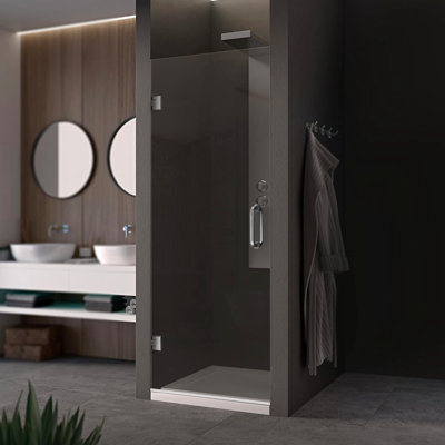 Porte de douche sans cadre en verre et miroir Fab - verre de sécurité trempé de 3/8 po avec revêtement SmartGuard - conception à charnière simple - taille de verre exacte 28 po x 83-9 / 16 po, taille d'ouverture 28-7 / 16 po x 84 po, brossé Finition nickel