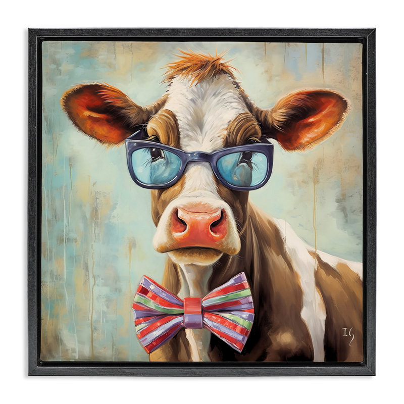 «Hipster Cow with Bowtie», art mural sur toile par Ivan Guaderrama, Cadre flottant noir de jais, H 25 po x l 25 po x P 1,7 po