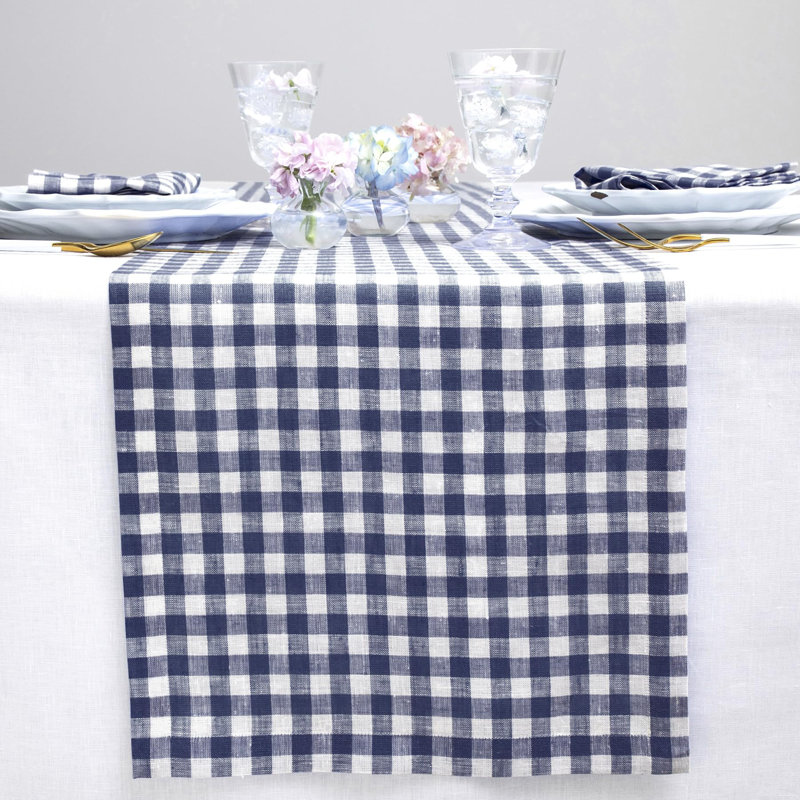 Gingham Checks - 100% Pure Linen Table Runner, Navy, 132" x 14"