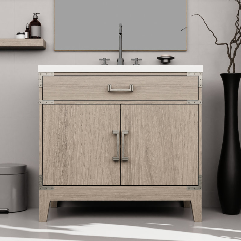 Chêne gris 36 po Meuble-lavabo de salle de bain, surface en marbre de culture et robinet - meuble-lavabo moderne de salle de bain 36 po, ajout confortable