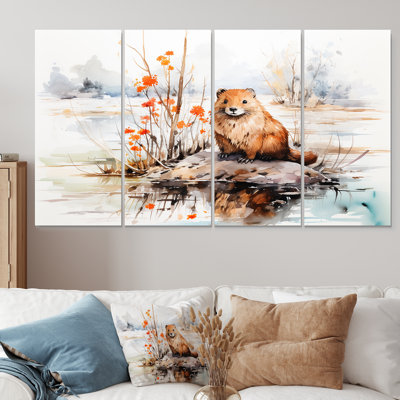 Watercolor Stream Beaver Serenity I - Beaver 4 Piece Wall Art