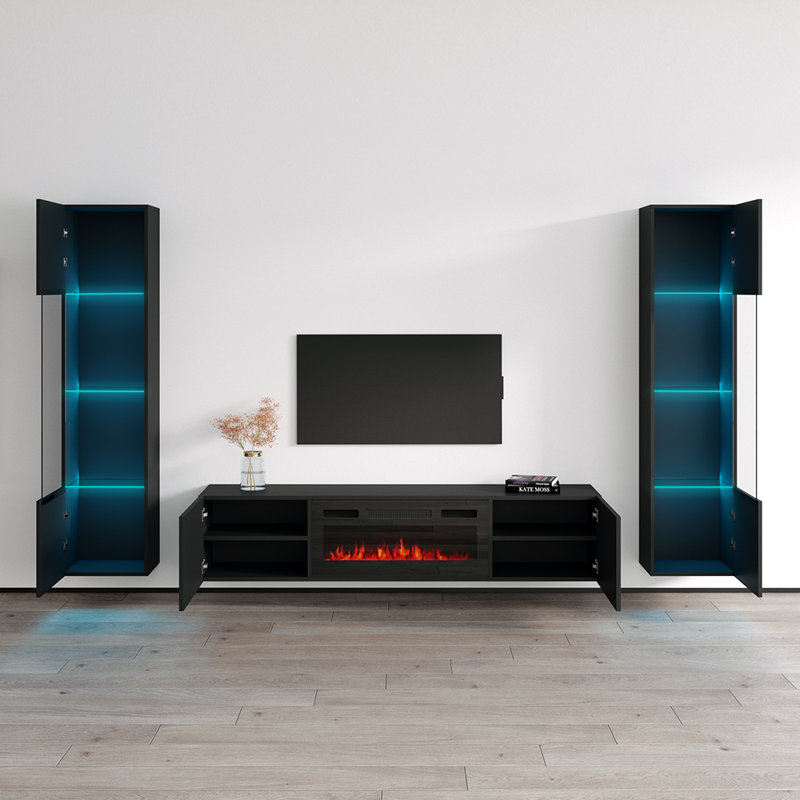Breeahna 103.6" Modern Entertainment Centre with Electric Fireplace, High Gloss Finish, Wall-Mounted, Black