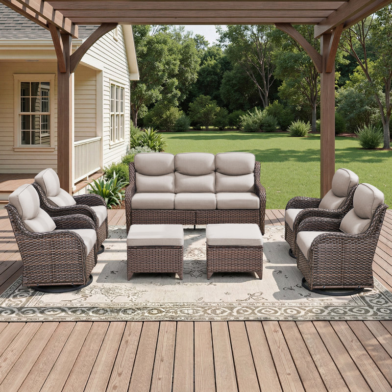 Ensemble de canapé d'extérieur en osier 7 pièces avec chaises pivotantes et repose-pieds, Coussin beige / structure brune