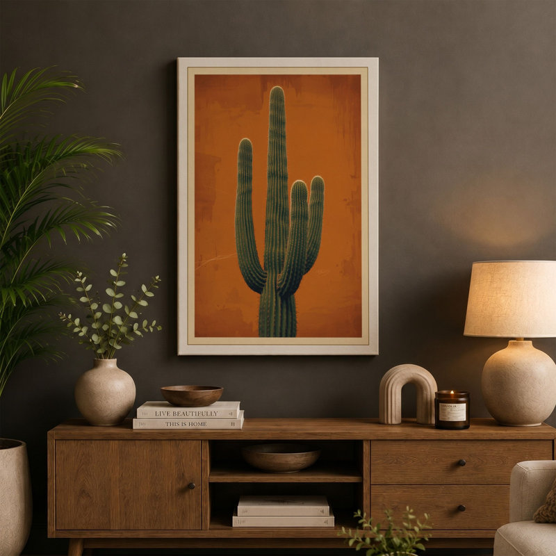 Saguaro Stand Minimalist - Wrapped Canvas, 36x24 - 91.4 x 61.0 cm, Cream Border