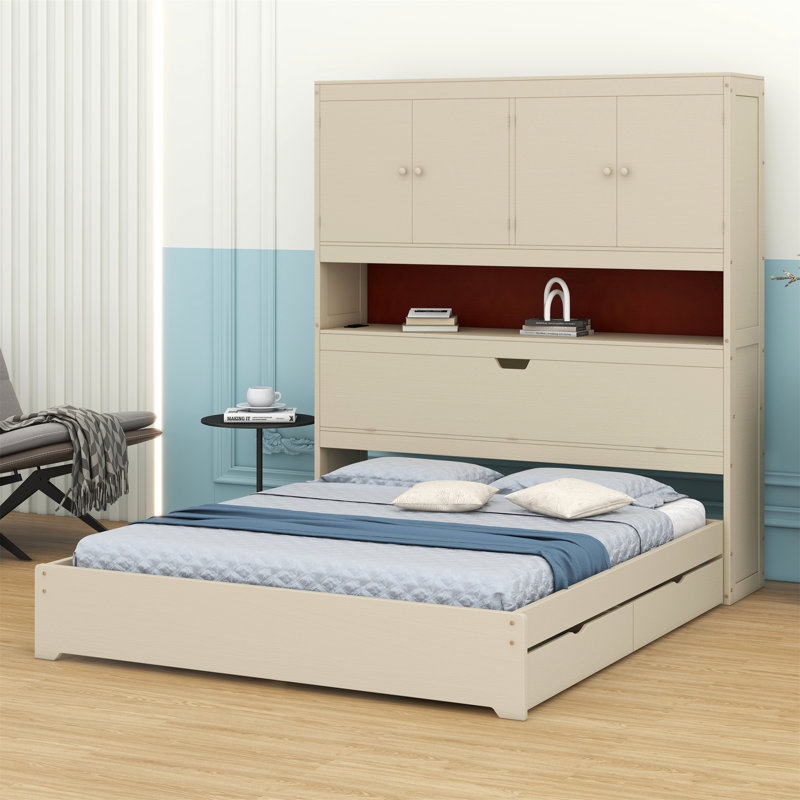 Lit plateforme en bois avec port USB, tête de lit et tiroirs de rangement, Crème