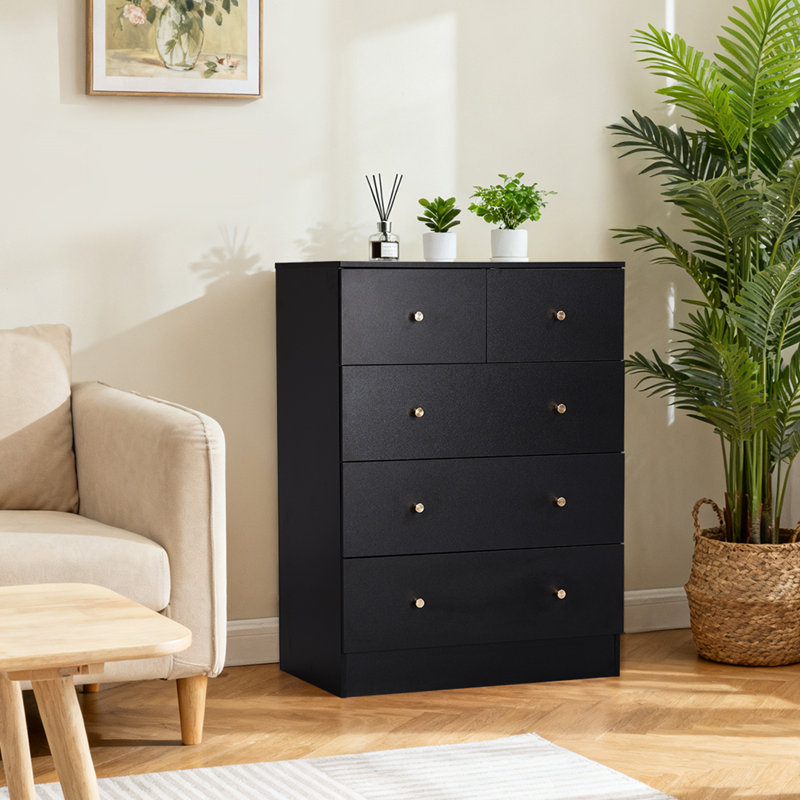 Anti-Tip Tall 5-Drawer Dresser With Rose Gold Handles, Black Wood Chest Of Drawers For Bedroom, Living Room Entryway Storage Organizer