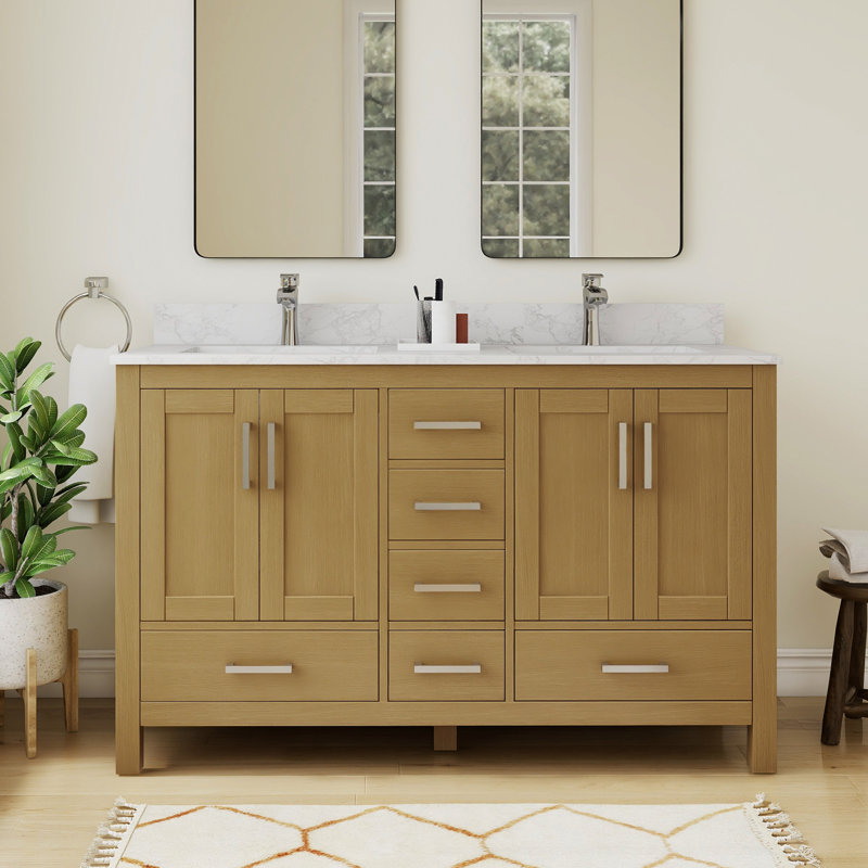 Meuble-lavabo double 55 po avec plateau en granite blanc Riverford, 54"