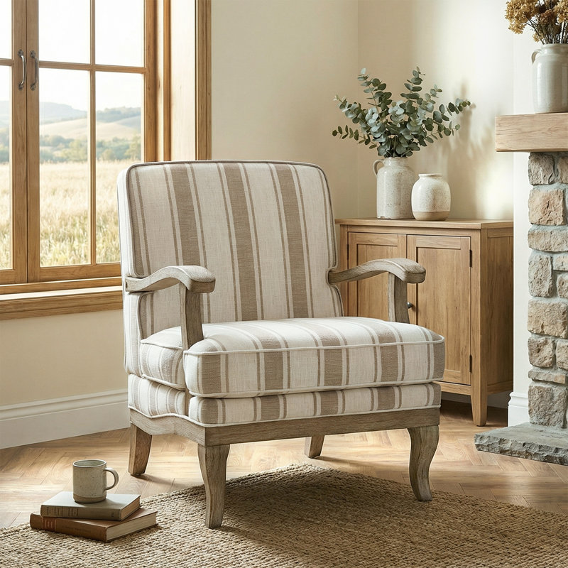 Peppone Country Wooden Upholstered Armchair with Solid Wood Armrests, Tan