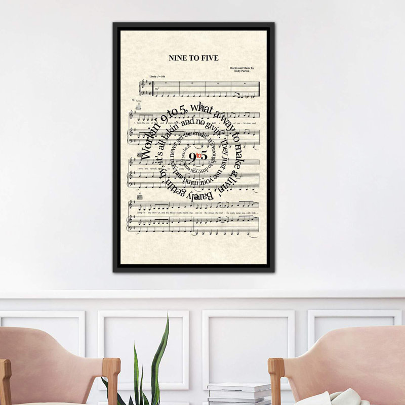 «Nine to Five» par WordsAndMusicArt - reproduction d'art textuel, Toile avec cadre noir, H 26 po x l 18 po x 1,5 po