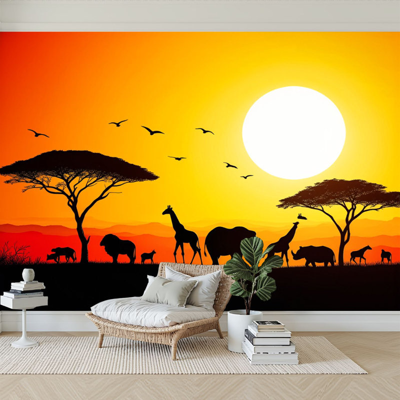 Papier peint adhésif auto-adhésif moderne l 144 po x H 100 po pour chambre à coucher, paysage africain, silhouette de savane, coucher de soleil