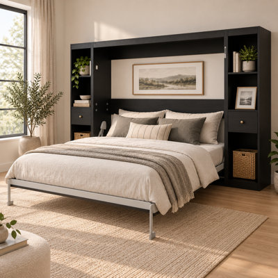 Lit escamotable horizontal Foldique Queen avec rangements intégrés, lit gain de place noir avec 26 lattes en bois, pieds de support automatiques et système de pliage hydraulique.