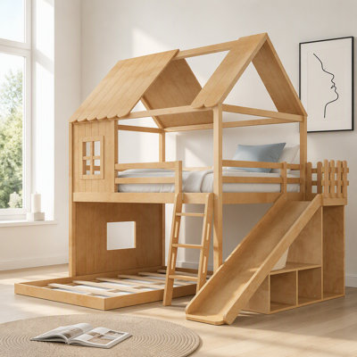 Lit superposé double au-dessus d'un lit double avec échelles et glissières, lit superposé au sol avec tablettes de rangement et garde-robe, conception de maisonnette naturelle