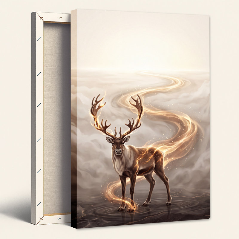 «Glowing Deer In Swirling Golden Mist», art mural sur toile, H 30 po x l 20 po