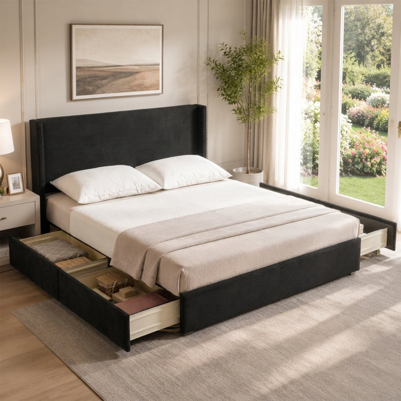Lit plateforme tapissier Modern, Noir, Grand
