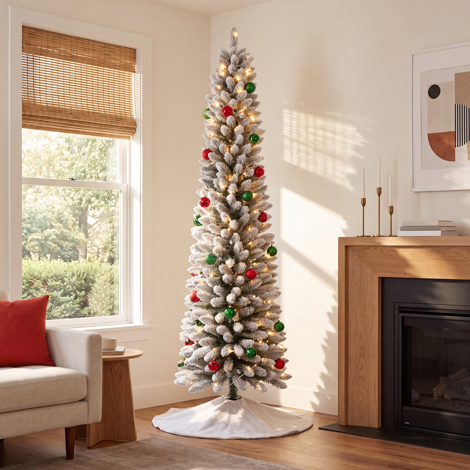 Pre-Lit Flocked Slim Christmas Tree, 12' H