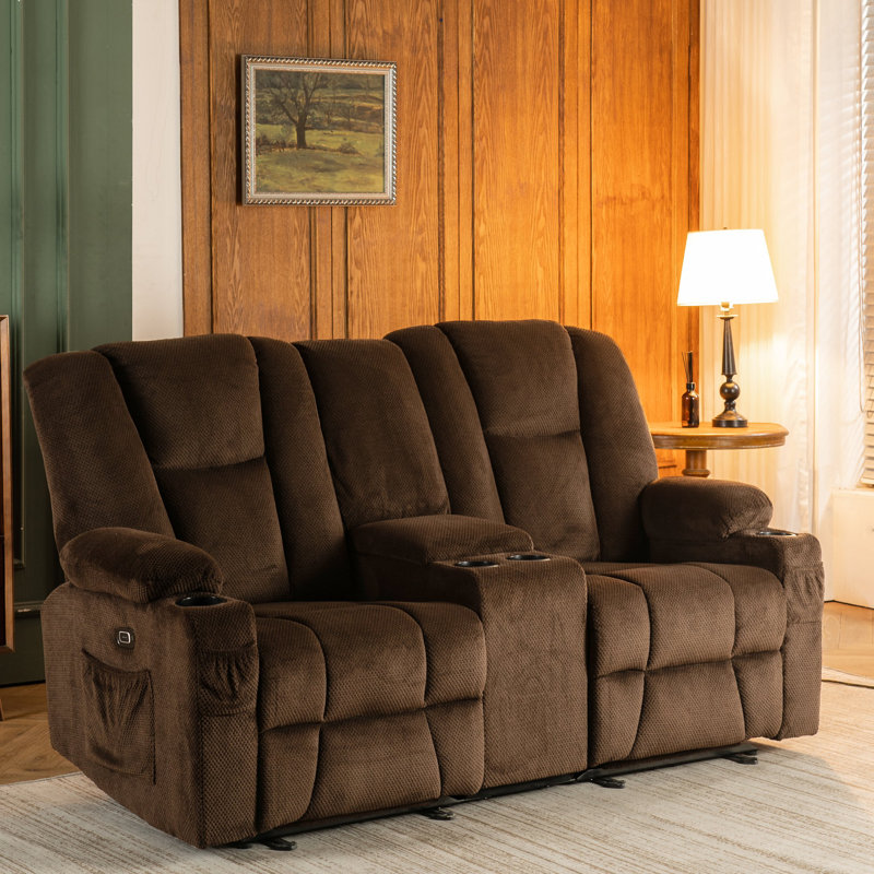 Power Reclining Loveseat Sofas with Heat, Console and Massage, Cup Holders, Fabric Upholstered, Brown 