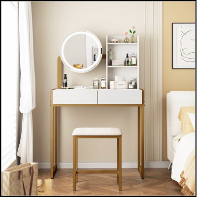 Compact Makeup Vanity Desk with LED Mirror, 3 Lighting Modes, Power Outlet, Drawer, Shelves, and Cushioned Stool for Small Bedrooms