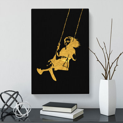 Banksy In Gold Girl On Swing - Wrapped Canvas Print