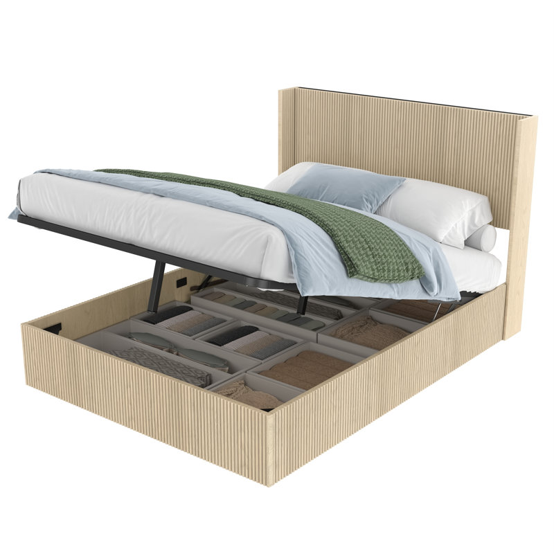 Grand lit spacieux avec rangement, structure en MDF chêne, design moderne pour la maison