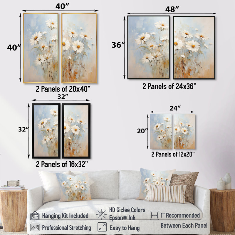 «White Daisy Fields Elegance - Daisies Large Wall Art», ensemble de 2 impressions sur toile florales blanches, Noir