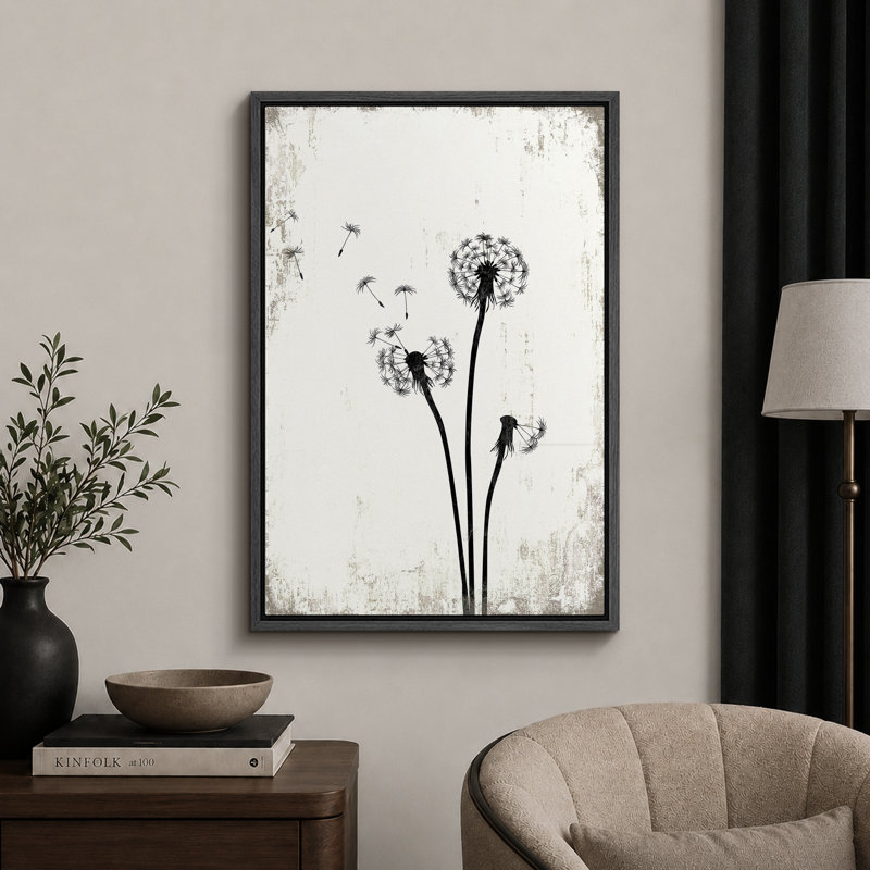 Pissenlit «Simple Whimsy Flying Dandelion, H 24 po x l 16 po, Toile encadrée, Noir