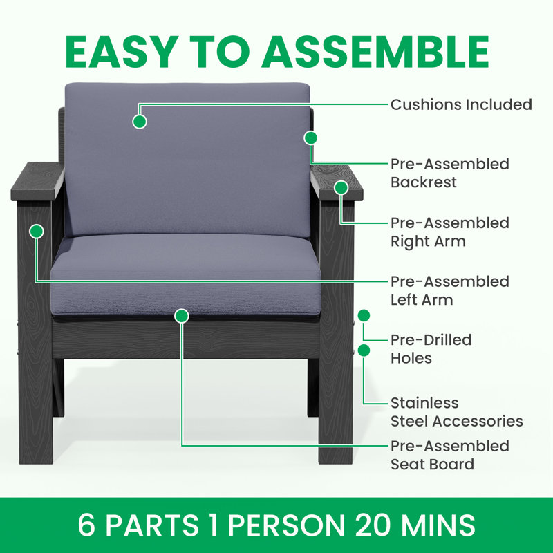 Ensemble de conversation d'extérieur en PEHD pour 2 personnes avec coussins, Gris, Gris