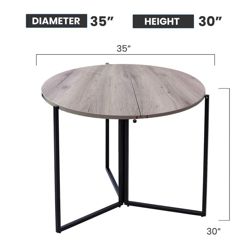 Table à cartes pliante ronde 35 po - Conception à trois volets peu encombrante avec base en fer et plateau en bois d'ingénierie