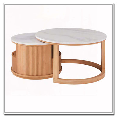 Round Nesting Coffee Table with White Marble Top, 2-Tier storage and 1 drawer