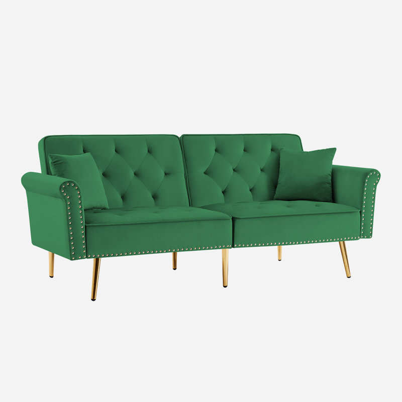 Canapé-lit simple à dossier capitonné en velours de 76,7 po de largeur, Vert, H 32,2 po x l 76,7 po x P 33 po