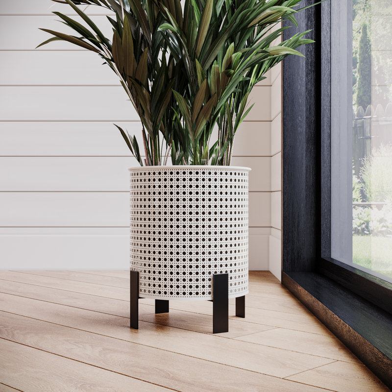 Izzy Boho Indoor Metal Pot Planter With 4-Leg Metal Base, 12" H x 11" W x 11" D