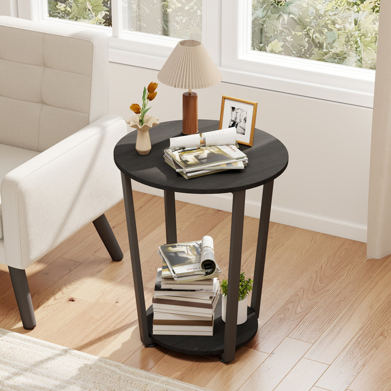 Table d'appoint ronde à 2 niveaux avec 2 rangées de hauteur, plateau en bois avec tablette de rangement, pour salon et chambre à coucher, gris foncé