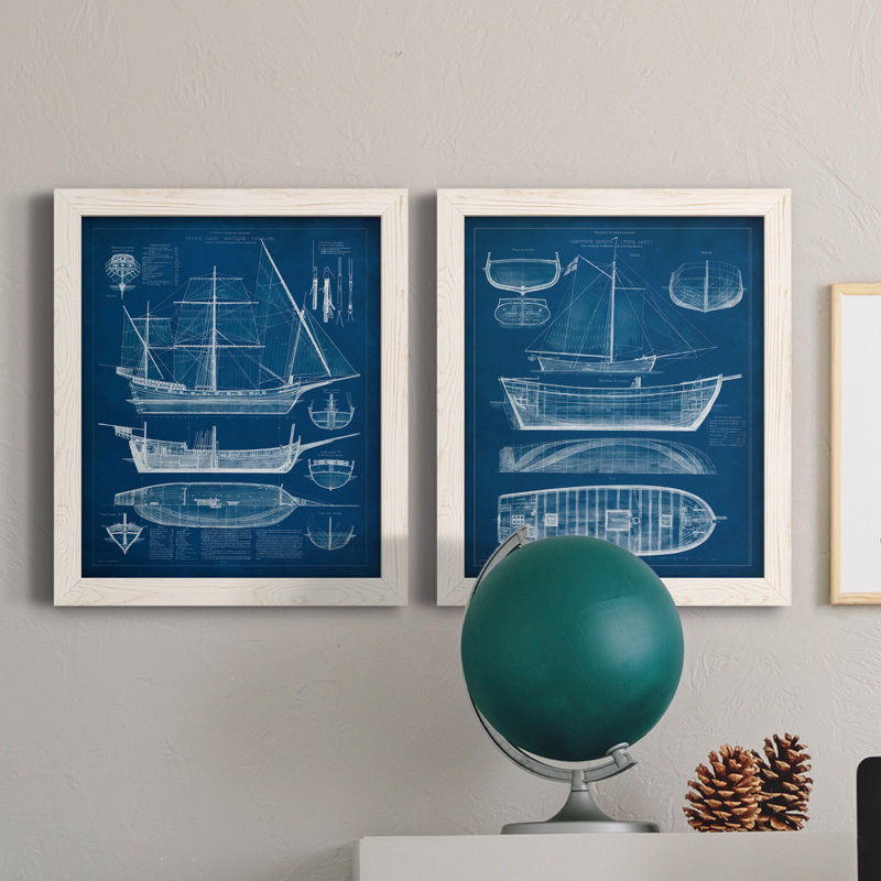 «Antique Ship Blueprint I», ensemble de 2 reproductions d'art sur toile, H 24 po x l 36 po x P 1,5 po, Toile blanche encadrée