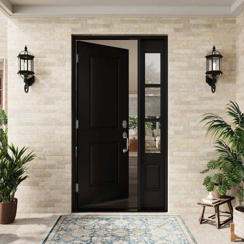 Entry Front Exterior Fiberglass Door 32" x 80" Painted Black 2-Panel Prehung Door Fixed Single Sidelite Black 3-Lite Clear Glass Door With Jamb, Left-Hand Inswing (Not Included Hardware Kit)