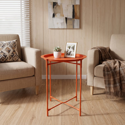 Table d'appoint à plateau en métal - plateau rond avec base en X robuste, table de collation moderne pour le salon, la chambre à coucher, le balcon, l'appartement