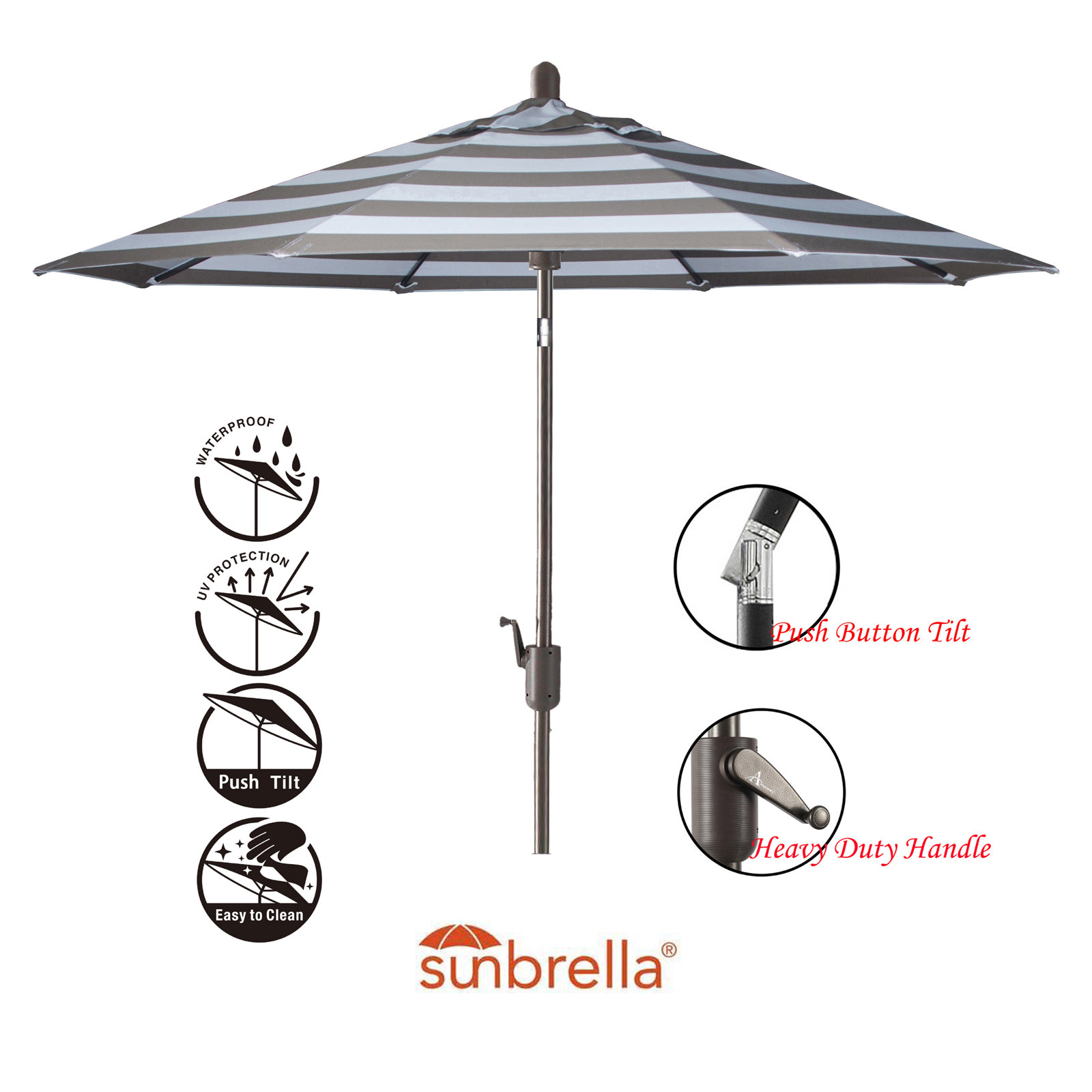 Natalie 8.7' Sunbrella® Market Umbrella, Antique Bronze, Mocha Stripe Performance Canvas