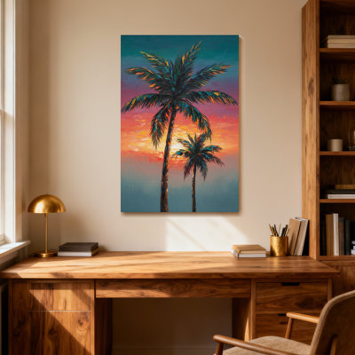 «Plants & Flowers Palm Trees Sunset Sky Colors», reproduction d'art sur toile