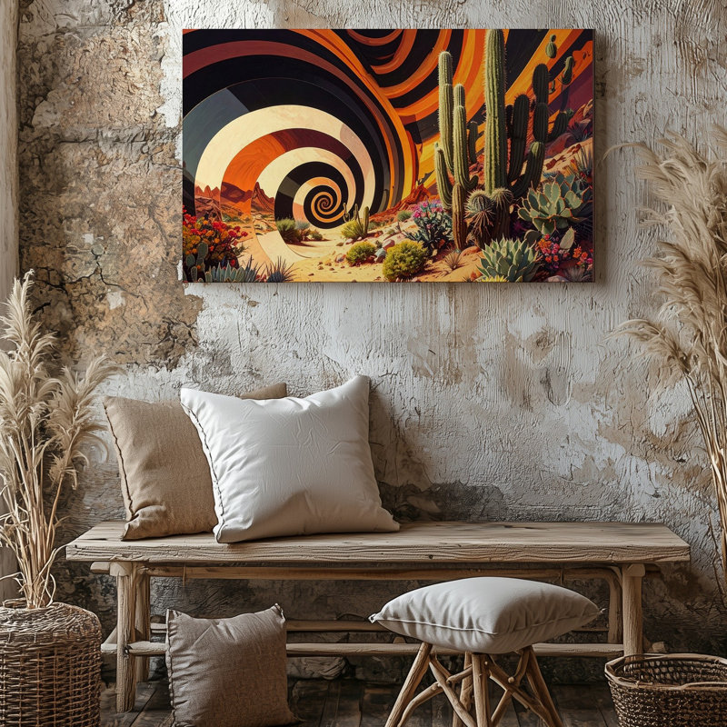 Toile, art mural, paysage de cactus à spirale, désert spiralé psychédélique, 20" H x 20" W