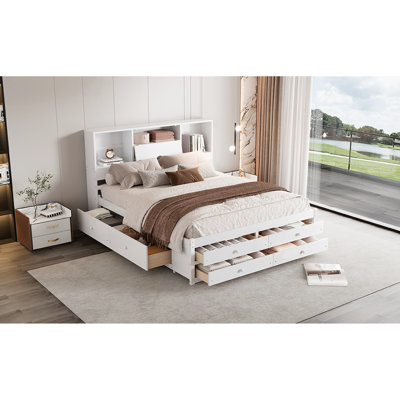 Queen Size White Bed With Storage Headboard And 8 Drawers, Solid Pine Wood + Platform Bed, For Bedroom Essentials Drawers Headboard, Convenient