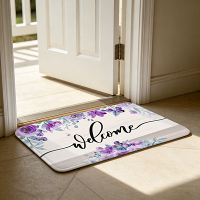 Purple Floral Wood Grain Door Rug 24"x 36" for Front Door