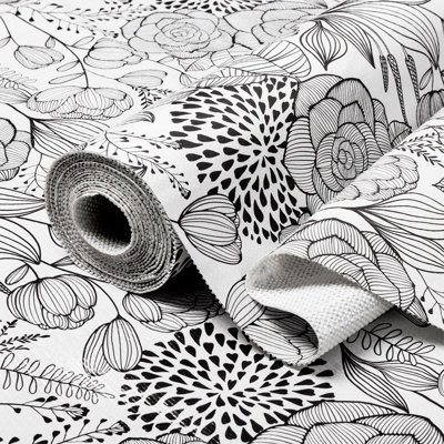 Floral Drawer And Shelf Liner For Kitchen 12IN X 20FT, Non-Adhesive And Strong Non-Slip Cabinet Drawer Liners, Waterproof Thickened Shelf Liner,Easy To Clean,Black And White
