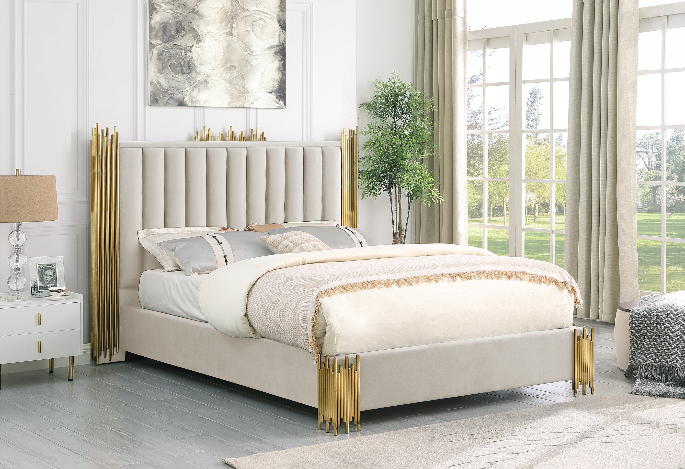 Elvyra Velvet Upholstered Low Profile Platform Bed